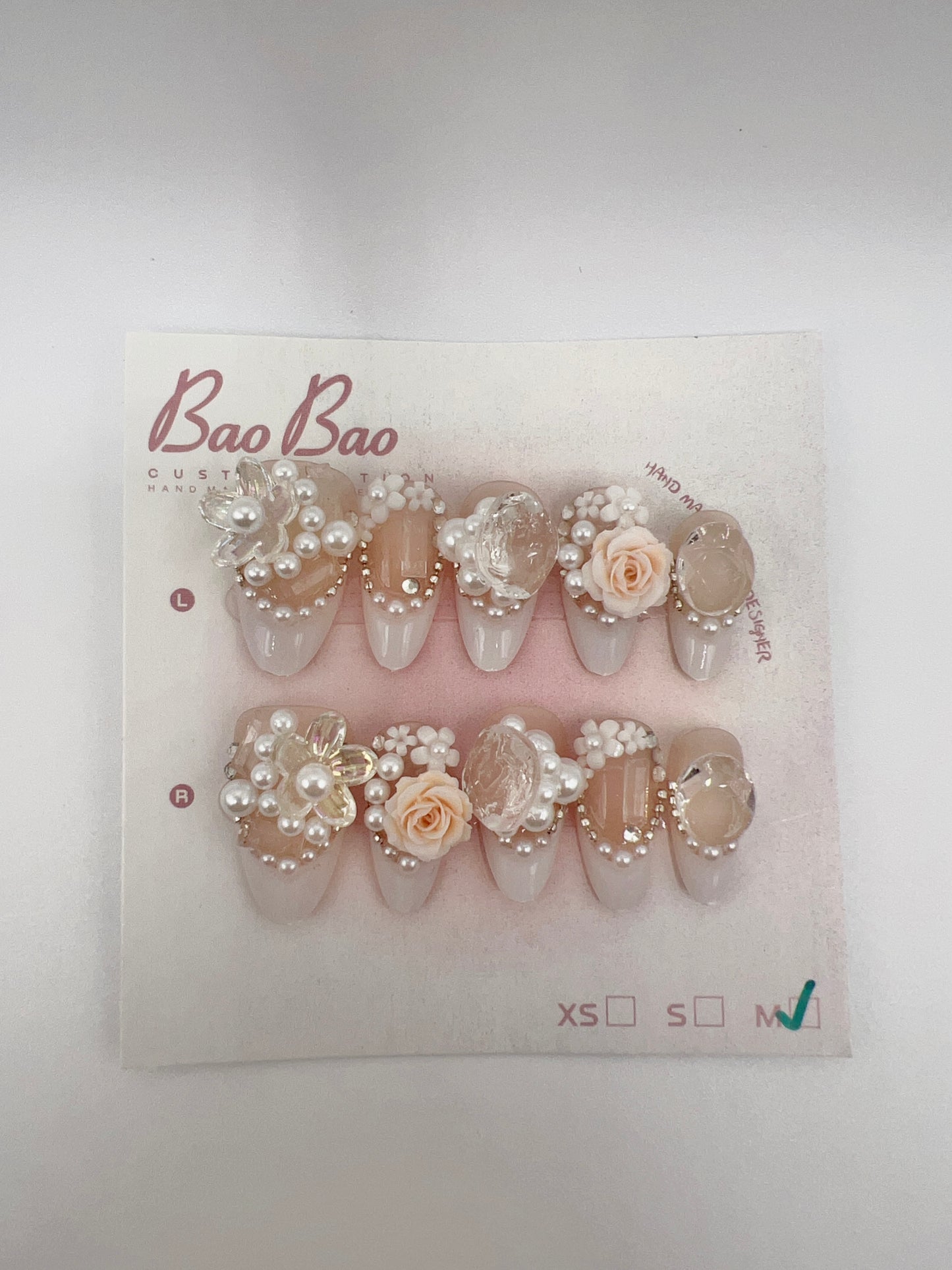Luxury Almond Press-On Nails with Heavy Rhinestones & 2D Flower Charms French tip – Medium Size