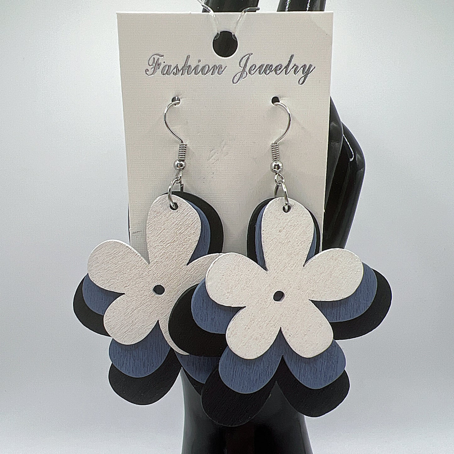 White, Blue & Black Layered Petal Earrings | Fashionable & Elegant | Statement Jewelry