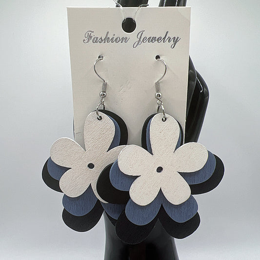 White, Blue & Black Layered Petal Earrings | Fashionable & Elegant | Statement Jewelry