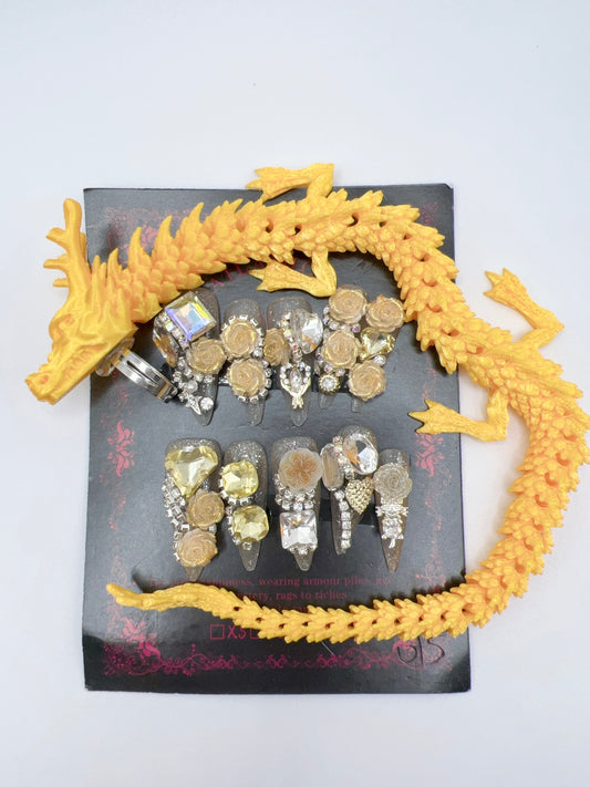 Luxury Rhinestone Press-On Nails with 3D Flower Charms & Dragon Rings – Long Stiletto, Large Size, Reusable