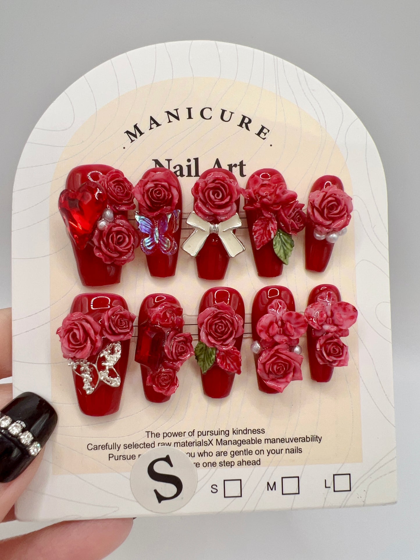 Medium Coffin Press On Nails with Rhinestone & 2D Flowers – Small Size