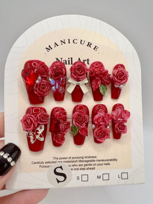Medium Coffin Press On Nails with Rhinestone & 2D Flowers – Small Size