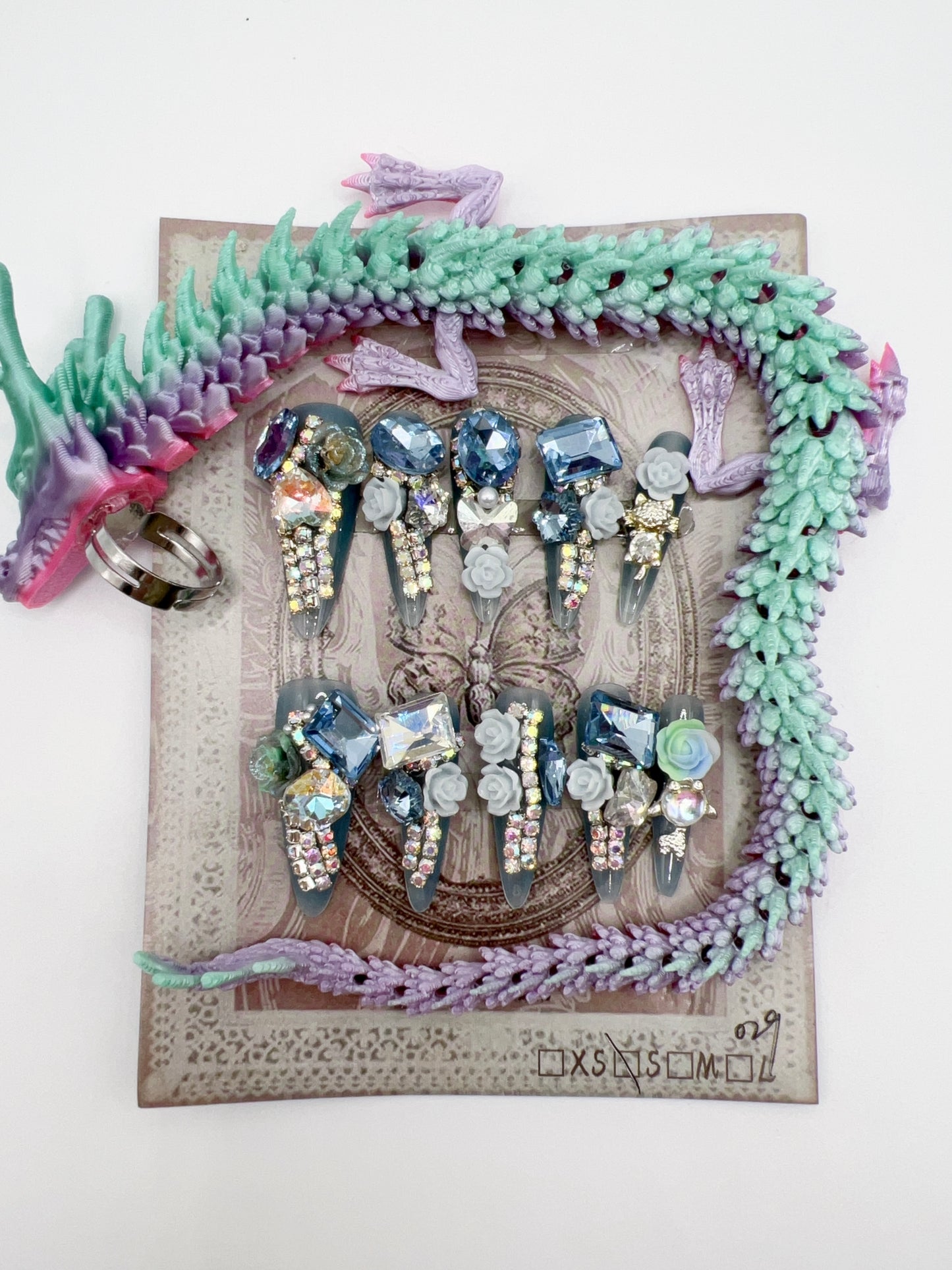 Luxury Rhinestone Press-On Nails with 3D Flower Charms & Dragon Rings – Long Stiletto, Small Size, Reusable