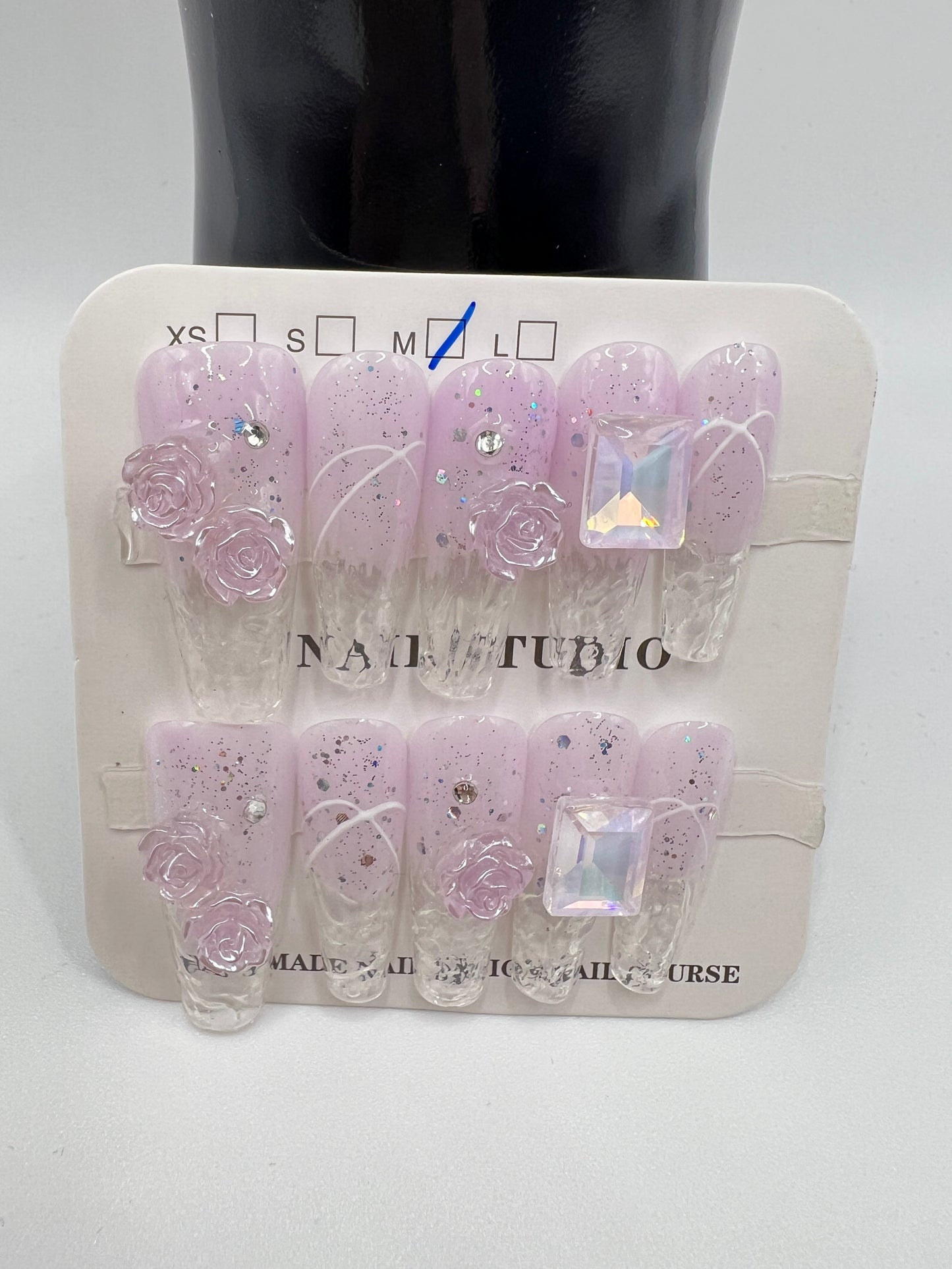 Long Coffin Press On Nails with Rhinestone Charms – 10 Designs, Medium Size