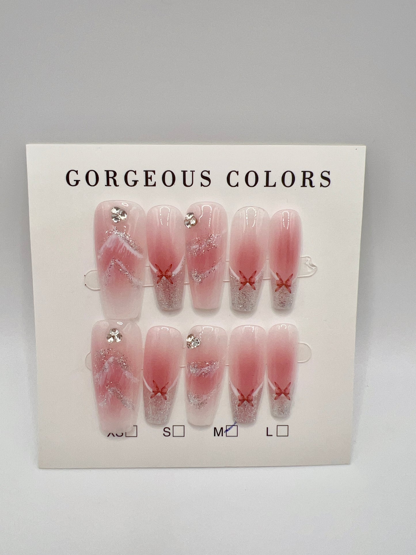 Long Coffin Press On Nails with Glitter and Painted Butterfly – Medium Size