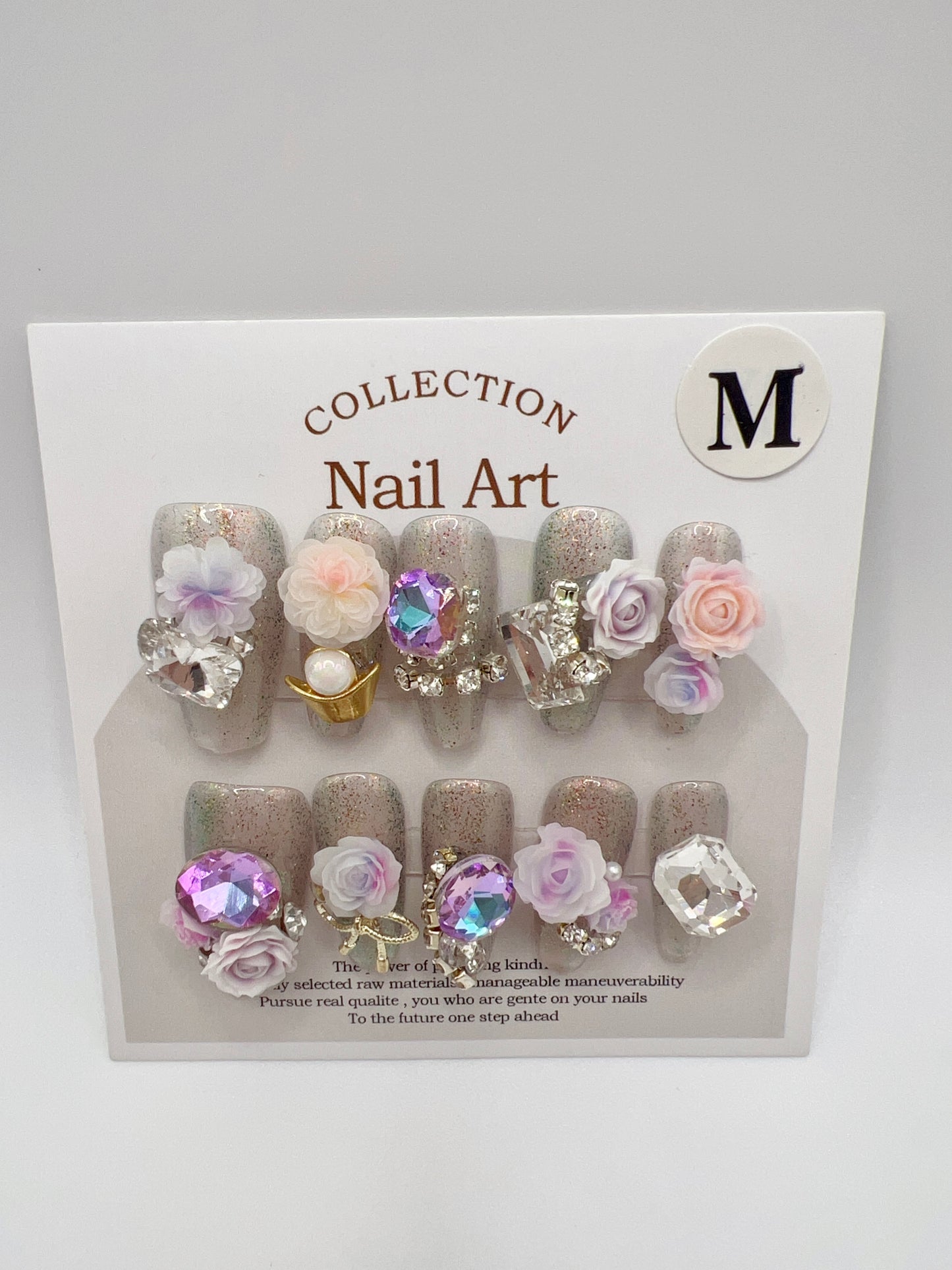 4 Sets Medium Coffin Press On Nails with Rhinestone and 2D Flower - Medium Size