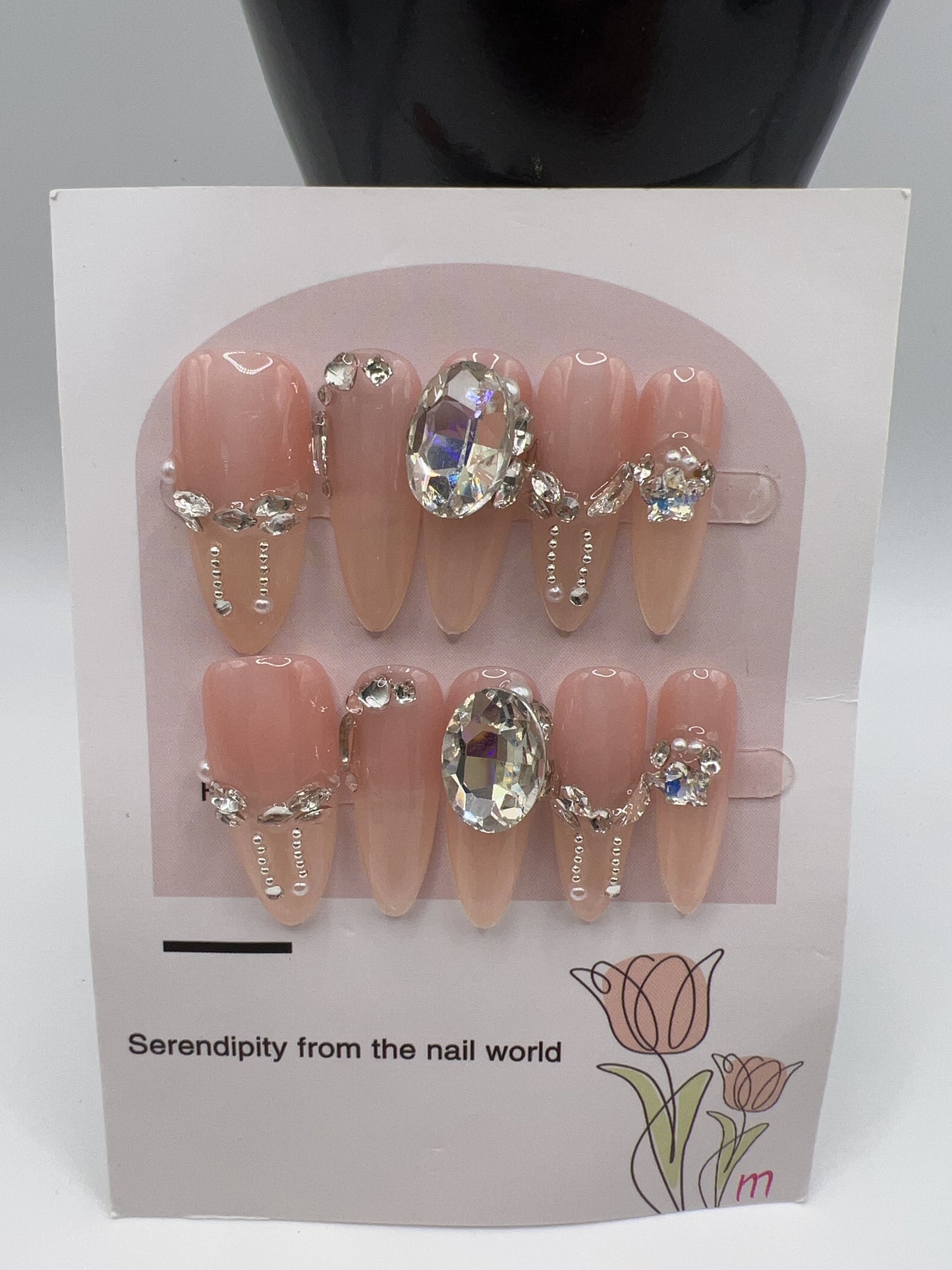 Long Oval Press On Nails with Rhinestone Charms – Glam Fake Nails, Medium Size, 10 Designs