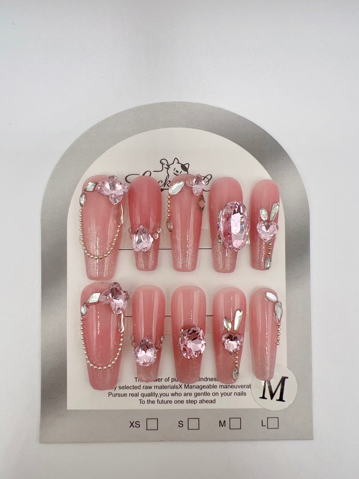 Pink Long Coffin Press On Nails with Rhinestone & Glitter