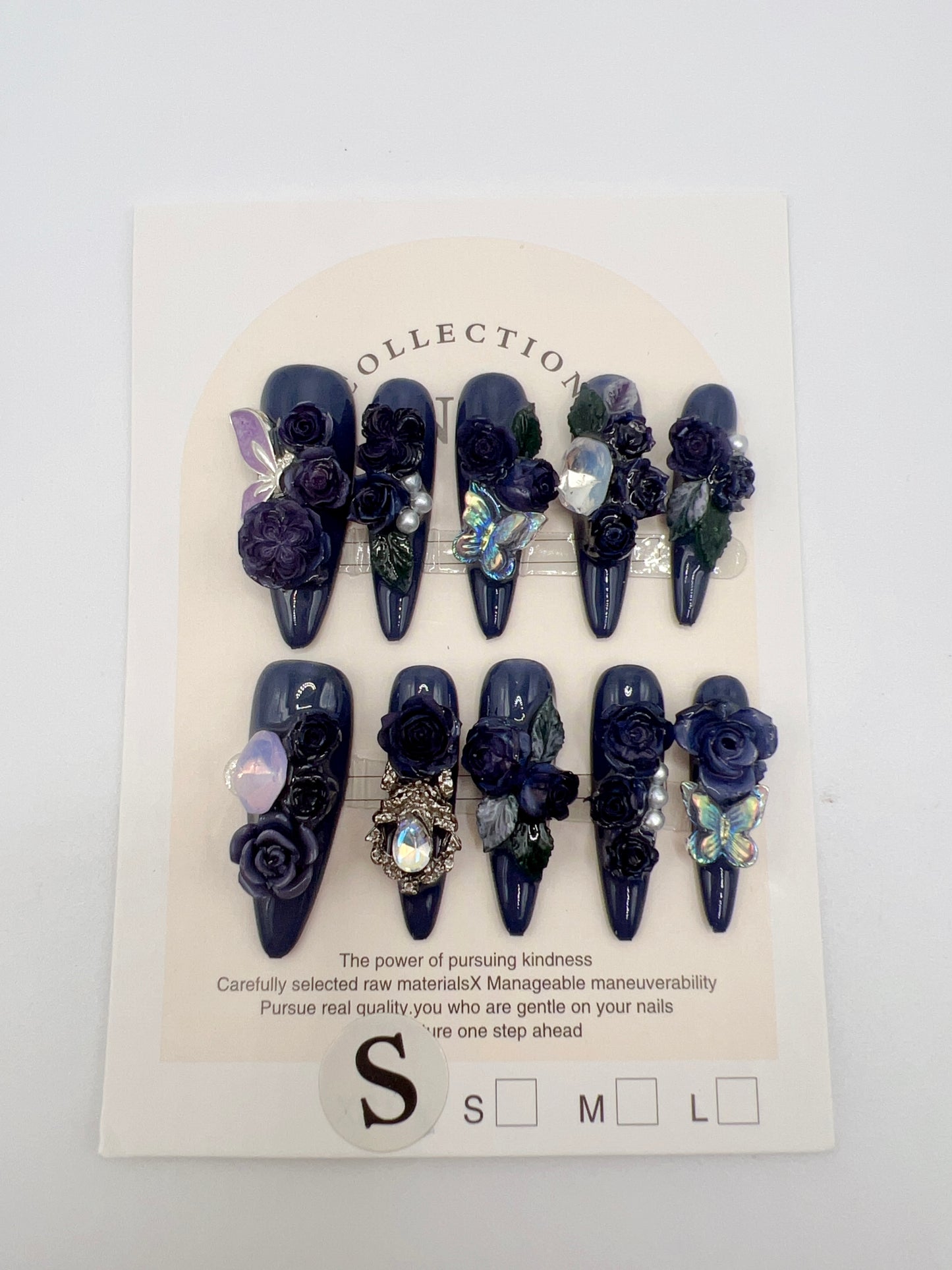 Long Stiletto Press On Nails with Rhinestone & 2D Flowers – Small Size