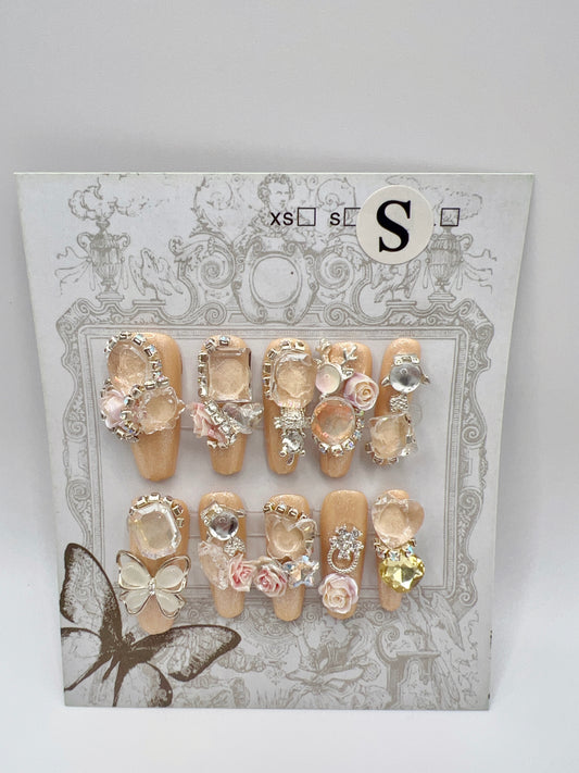 Long Coffin Press On Nails with Rhinestone and 2D Flowers – Small Size