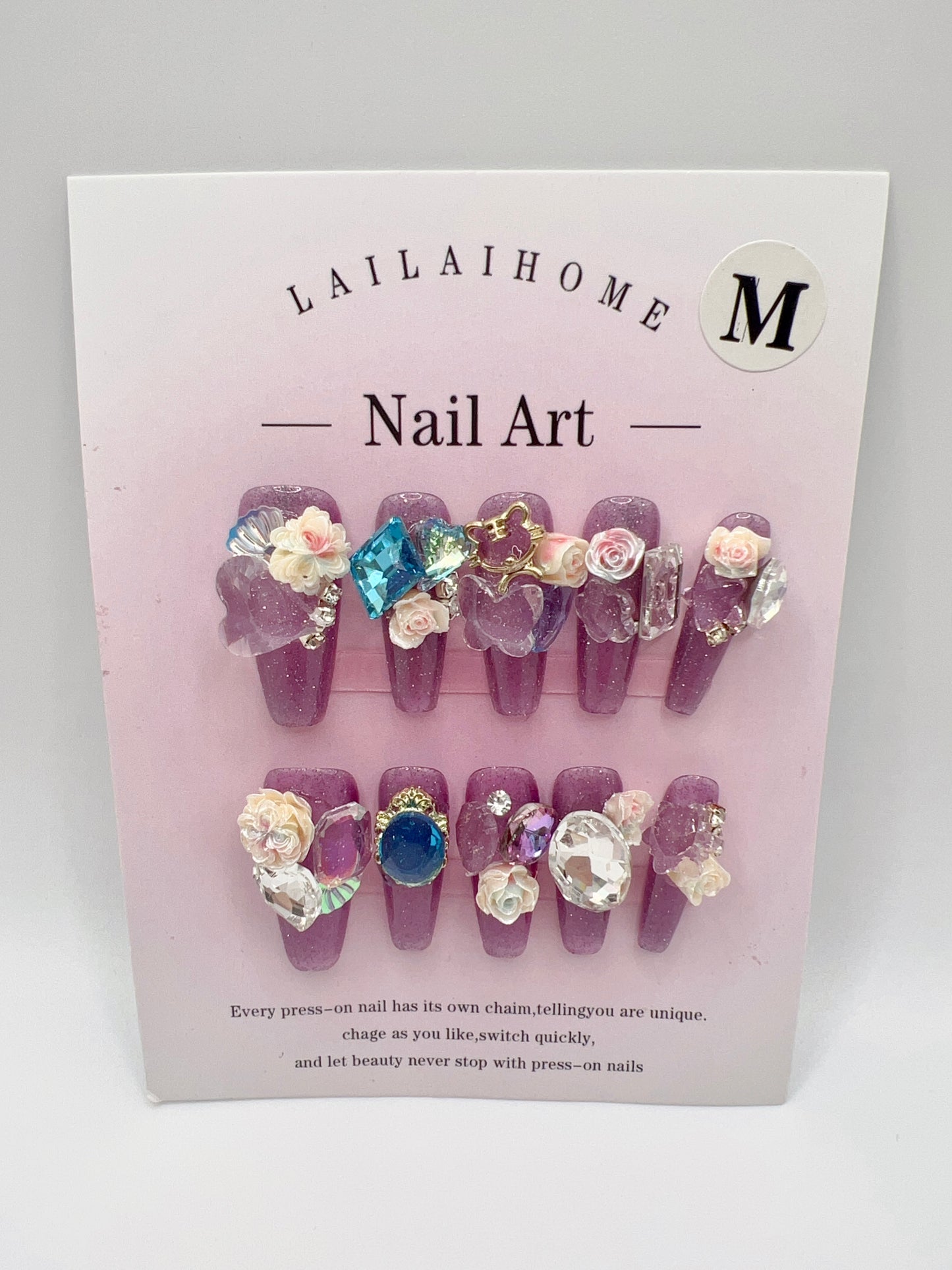 Long Coffin Press-On Nails with Rhinestone and 2D Flowers – Medium Size