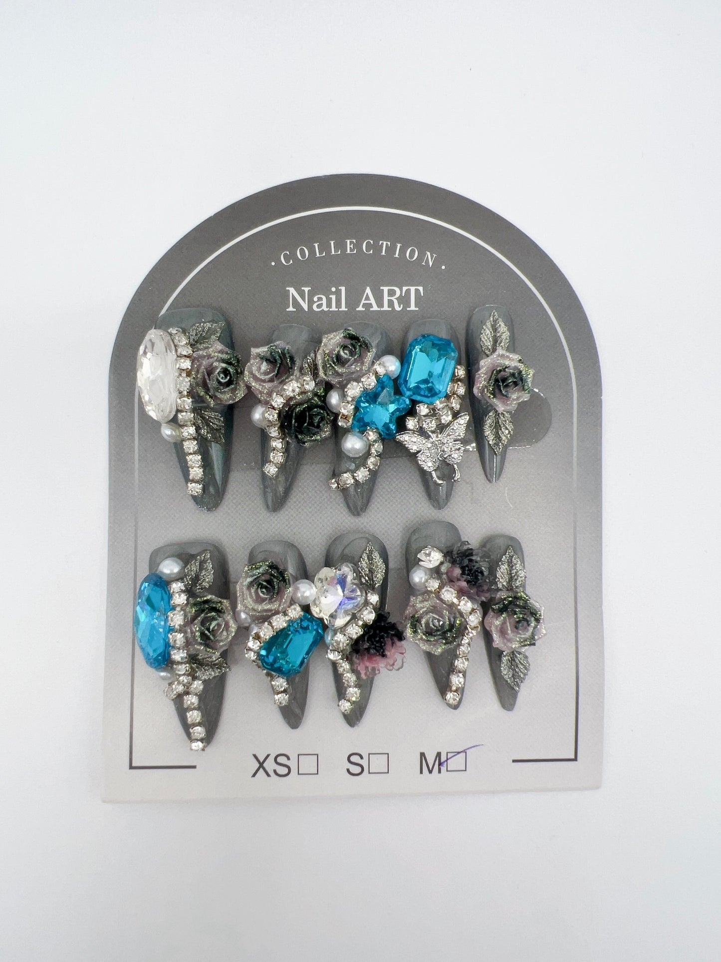 Luxury Rhinestone Press-On Nails with 3D Flower Charms – Long Stiletto, Medium Size, Reusable