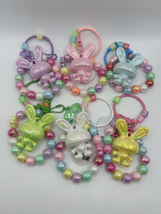 Bright Lacquered Shine Bunny Keychain with Bead Bracelets & Forever Heart Charm – Detachable Cute Bag Chain Accessory, 6 Colors