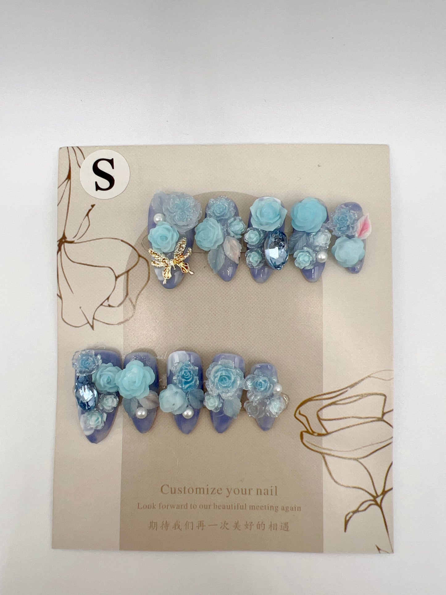 Luxury Almond Press-On Nails with Heavy Rhinestones & 2D Flower Charms – Small Size