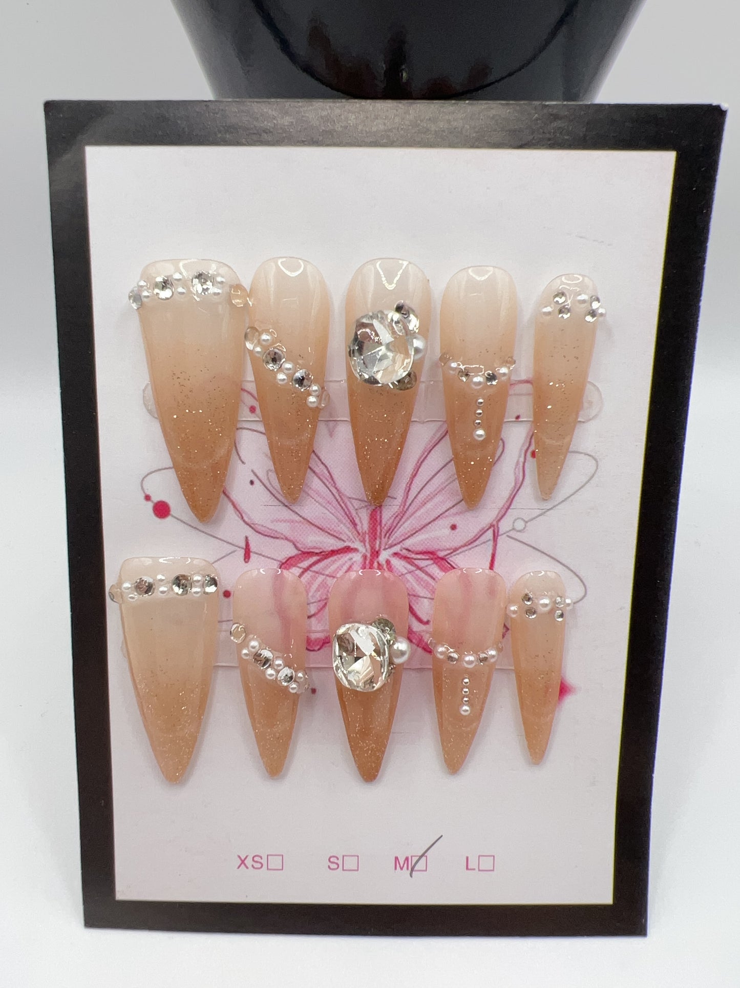 Long Stiletto Press On Nails with Rhinestone Charms – 10 Designs, Medium Size