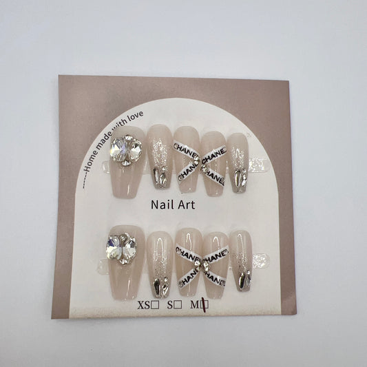 Medium Length Coffin Press On Nails with Rhinestone Gems – Medium Size