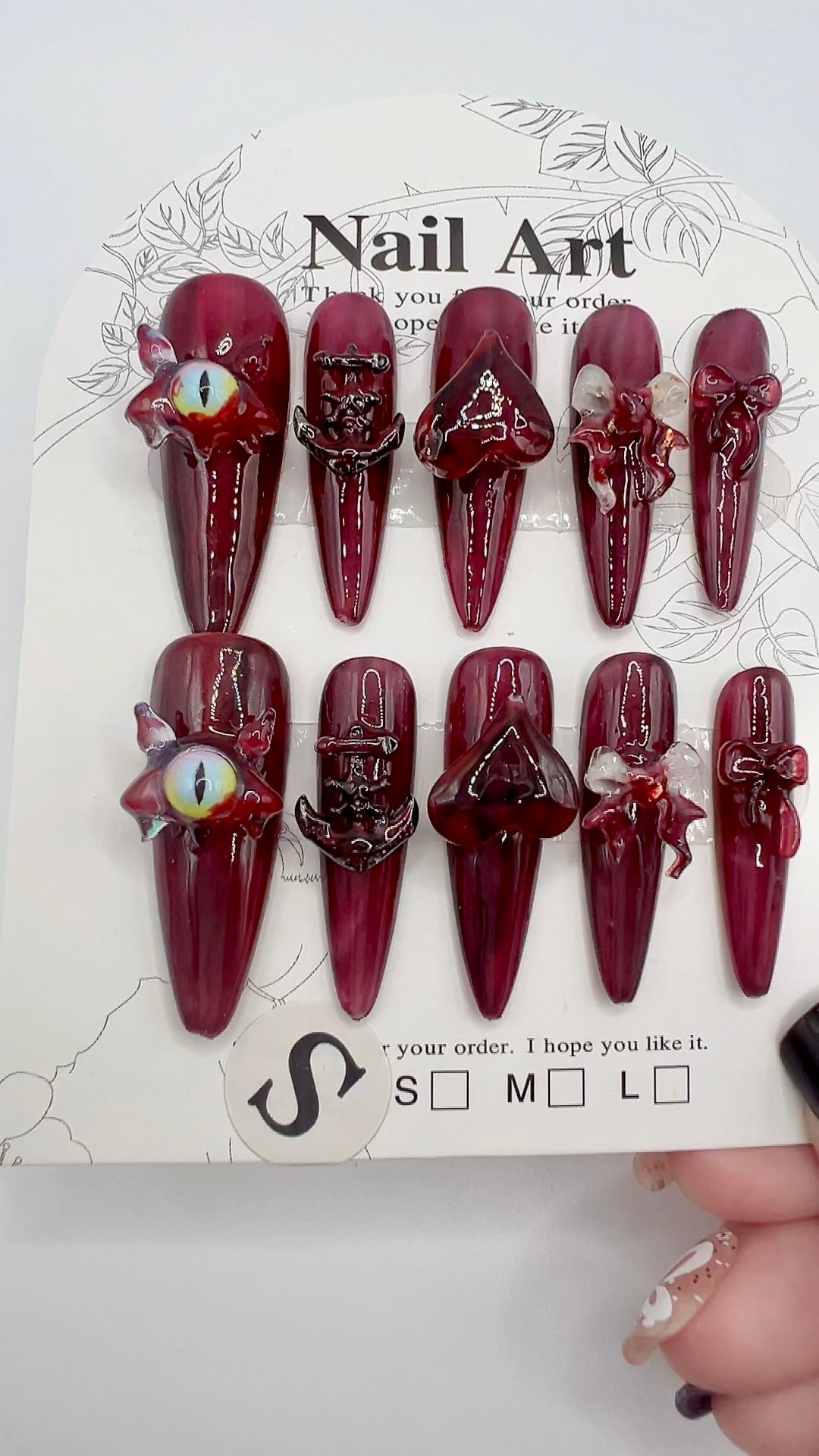 Long Stiletto Press-On Nails with Charms – Red Halloween Style