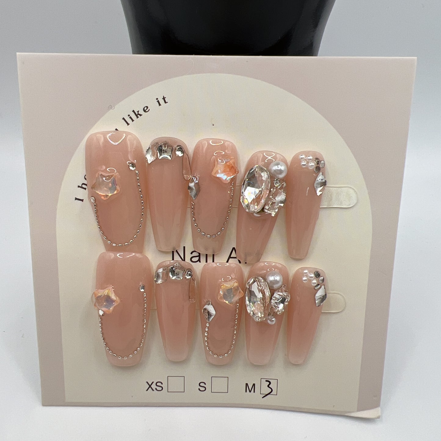 Long Coffin Press On Nails with Rhinestone Charms – 10 Designs, Medium Size