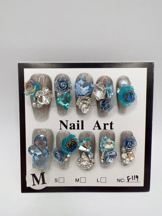 Glitter Medium Coffin Press On Nails with Rhinestone and 2D Flower Charms