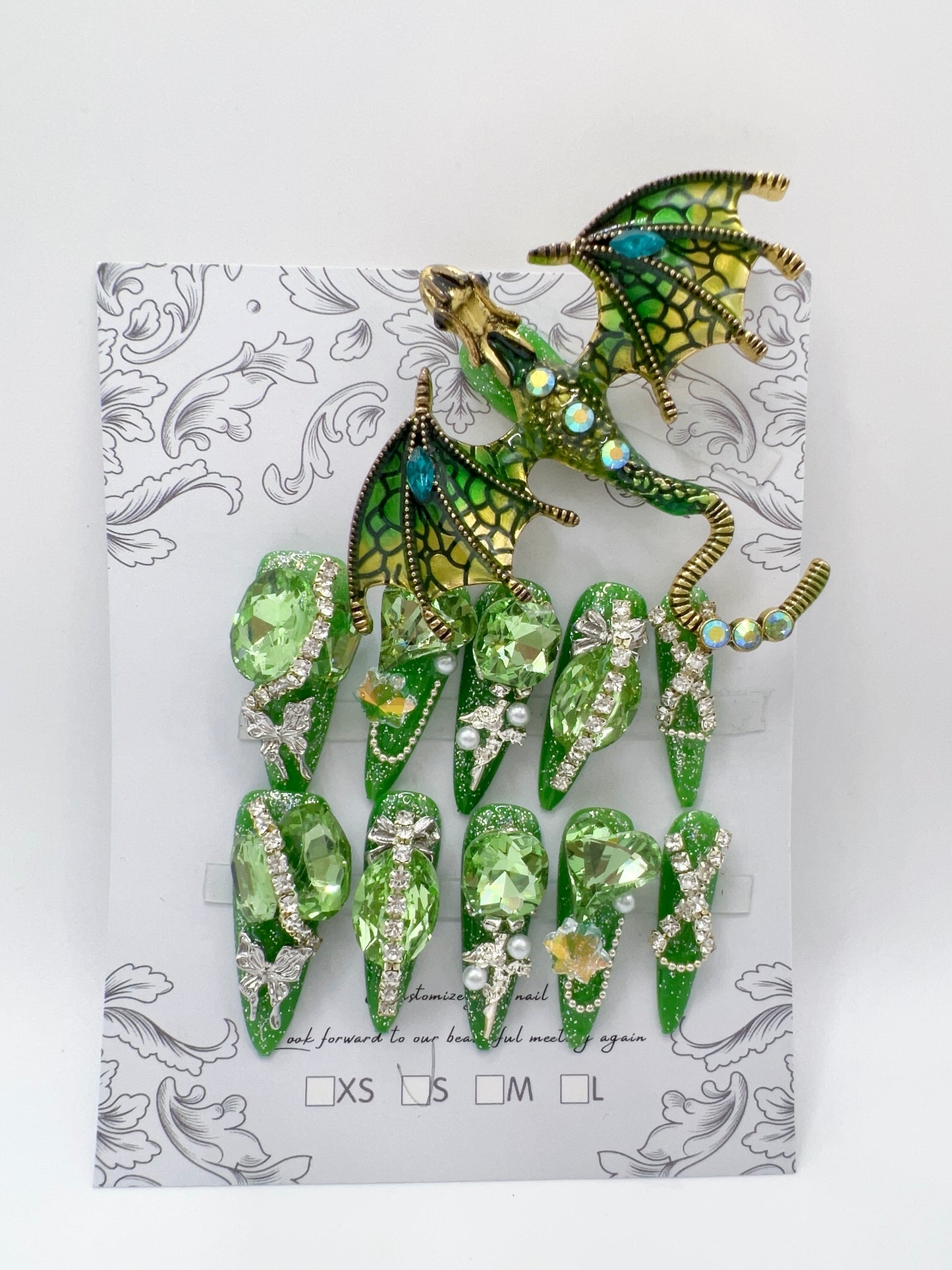 Green Luxury Dragon Charm Press-On Nails – Rhinestone Glitter, Long Stiletto, Small Size, 11-Piece Set
