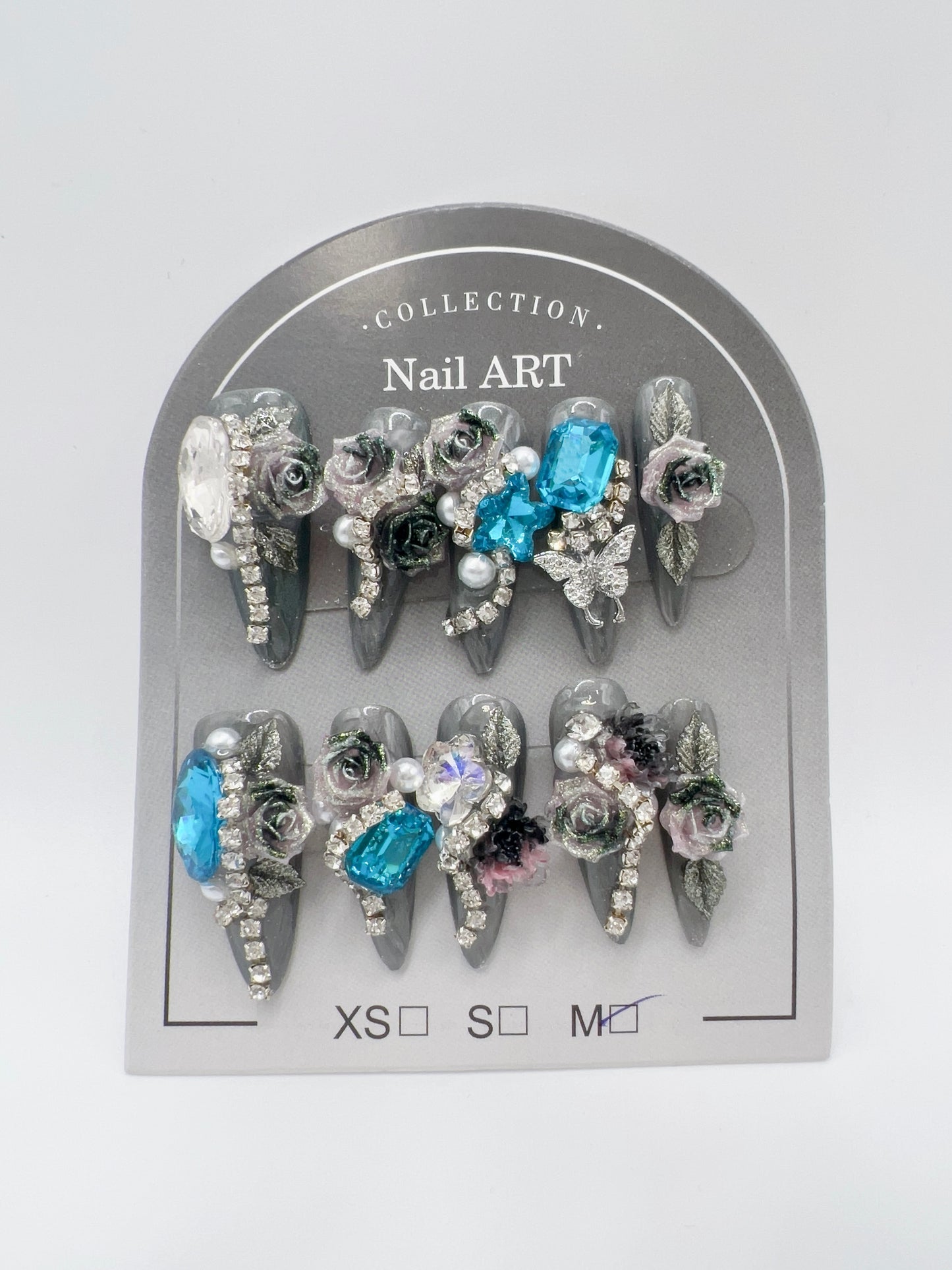 Luxury Rhinestone Press-On Nails with 3D Flower Charms – Long Stiletto, Medium Size, Reusable