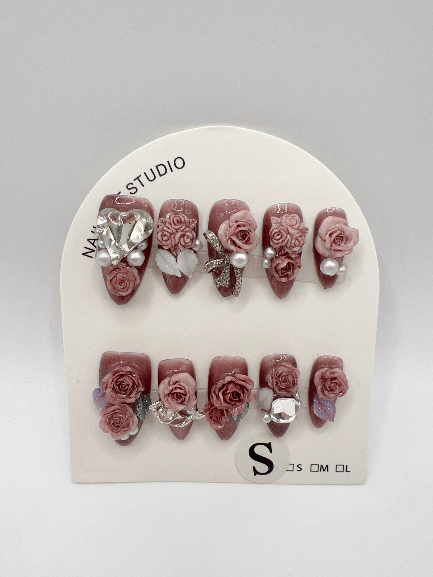 Brown Almond Press On Nails with Rhinestone 2D Flowers Small Size