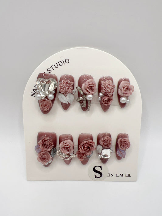 Brown Almond Press On Nails with Rhinestone 2D Flowers Small Size