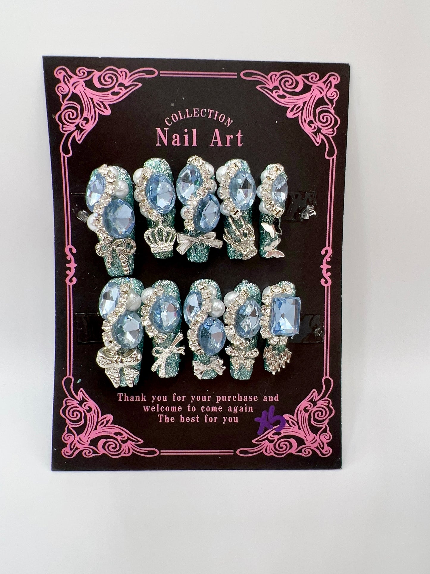 Luxury Rhinestone & Charm Press-On Nails – Glitter Coffin Long Length, XS Size