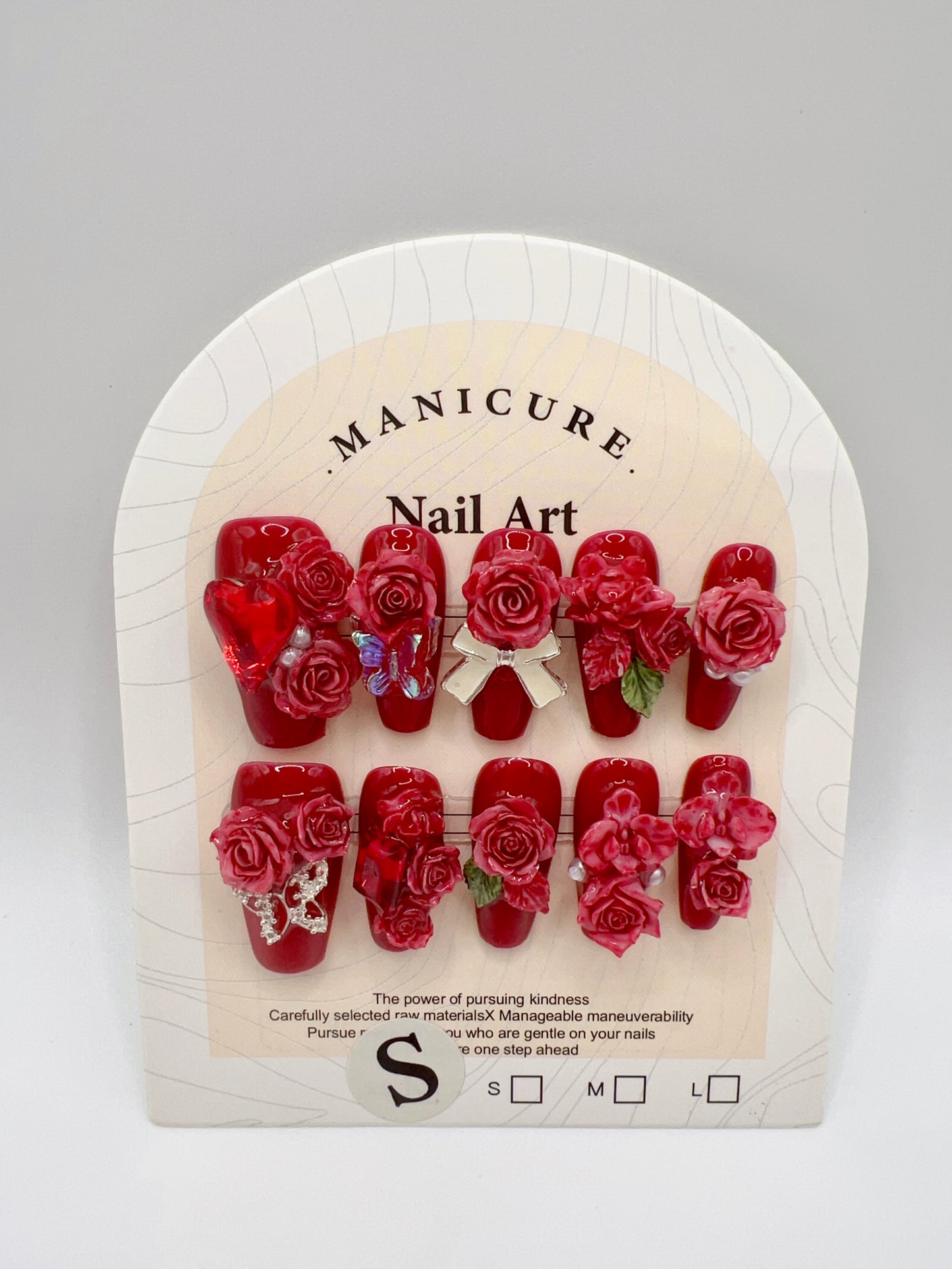 Medium Coffin Press On Nails with Rhinestone & 2D Flowers – Small Size