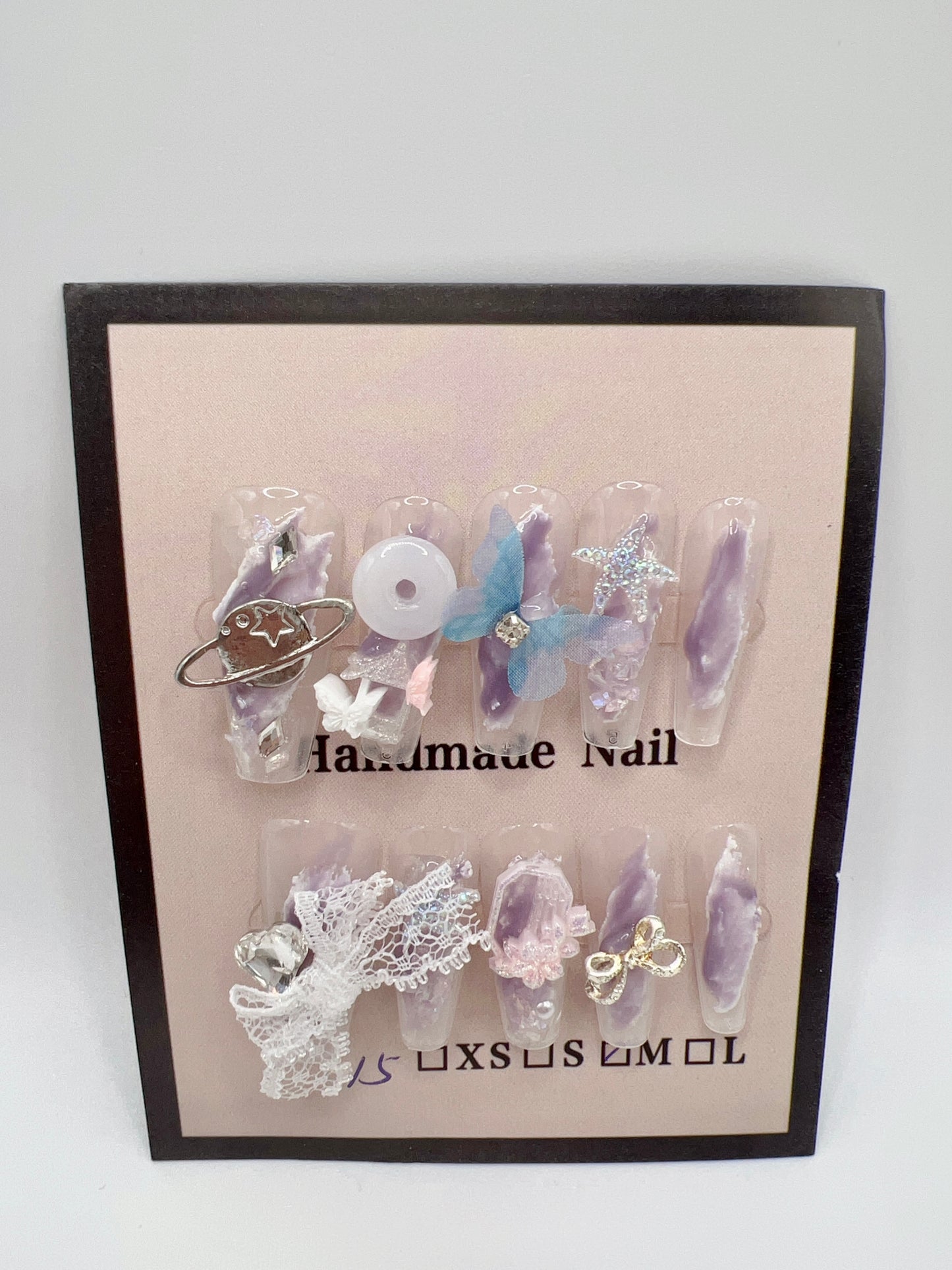 Long Coffin Press-On Nails with Rhinestone & Charms – 10 Designs, Medium Size