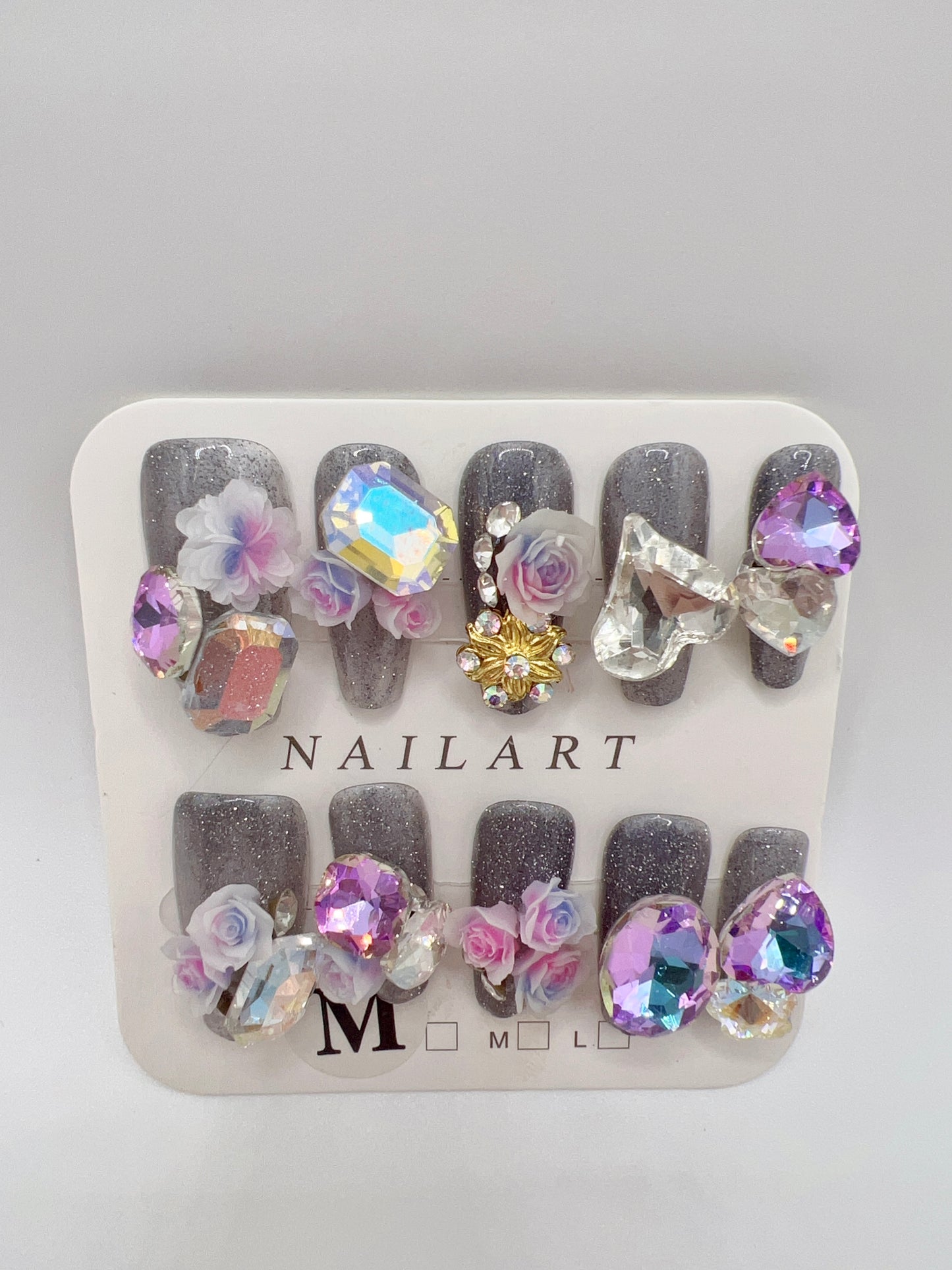 4 Sets Medium Coffin Press On Nails with Rhinestone and 2D Flower - Medium Size