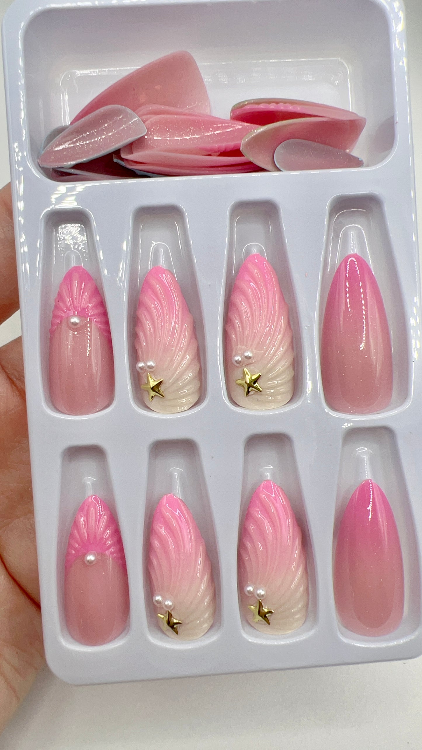 24 pcs Almond Press-On Nails – Pink Gradient with Pearl, Fashionable Style