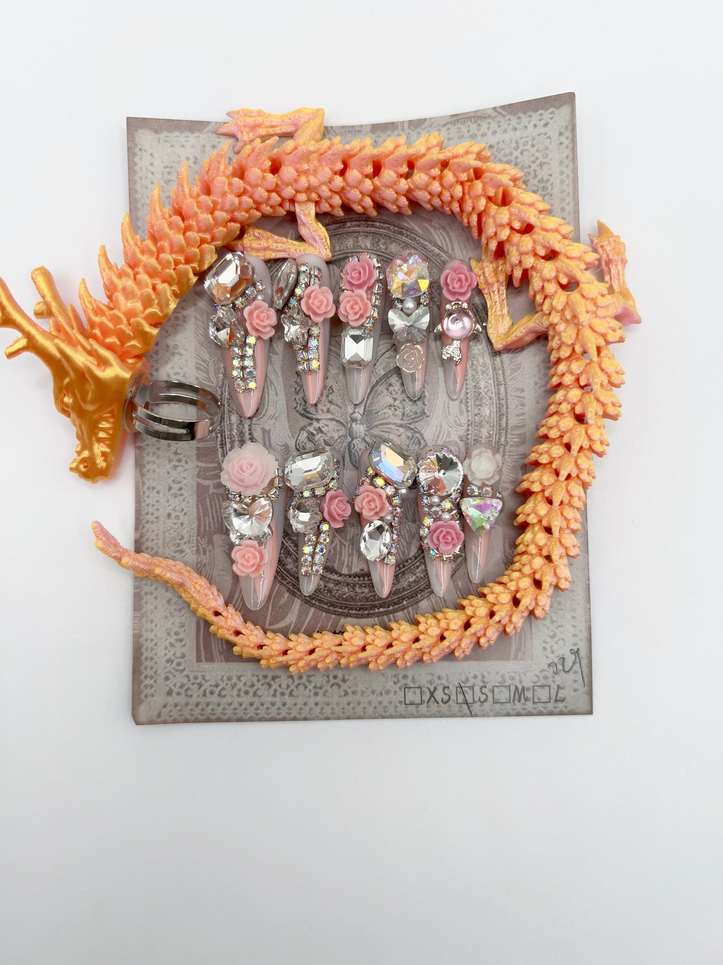 Luxury Rhinestone Press-On Nails with 3D Flower Charms & Dragon Rings – Long Stiletto, Small Size, Reusable