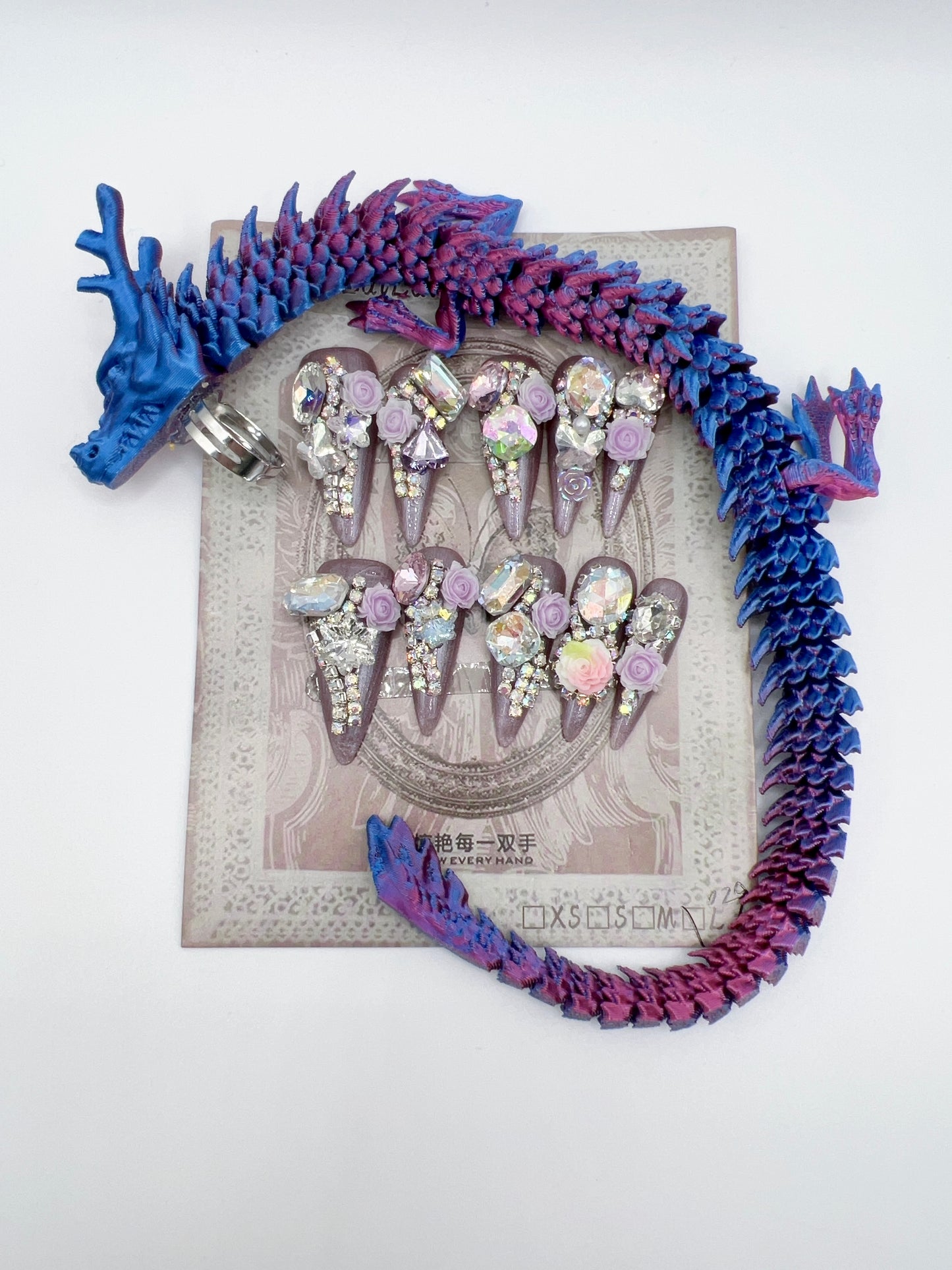 Luxury Rhinestone Press-On Nails with 3D Flower Charms & Dragon Rings – Long Stiletto, Large Size, Reusable