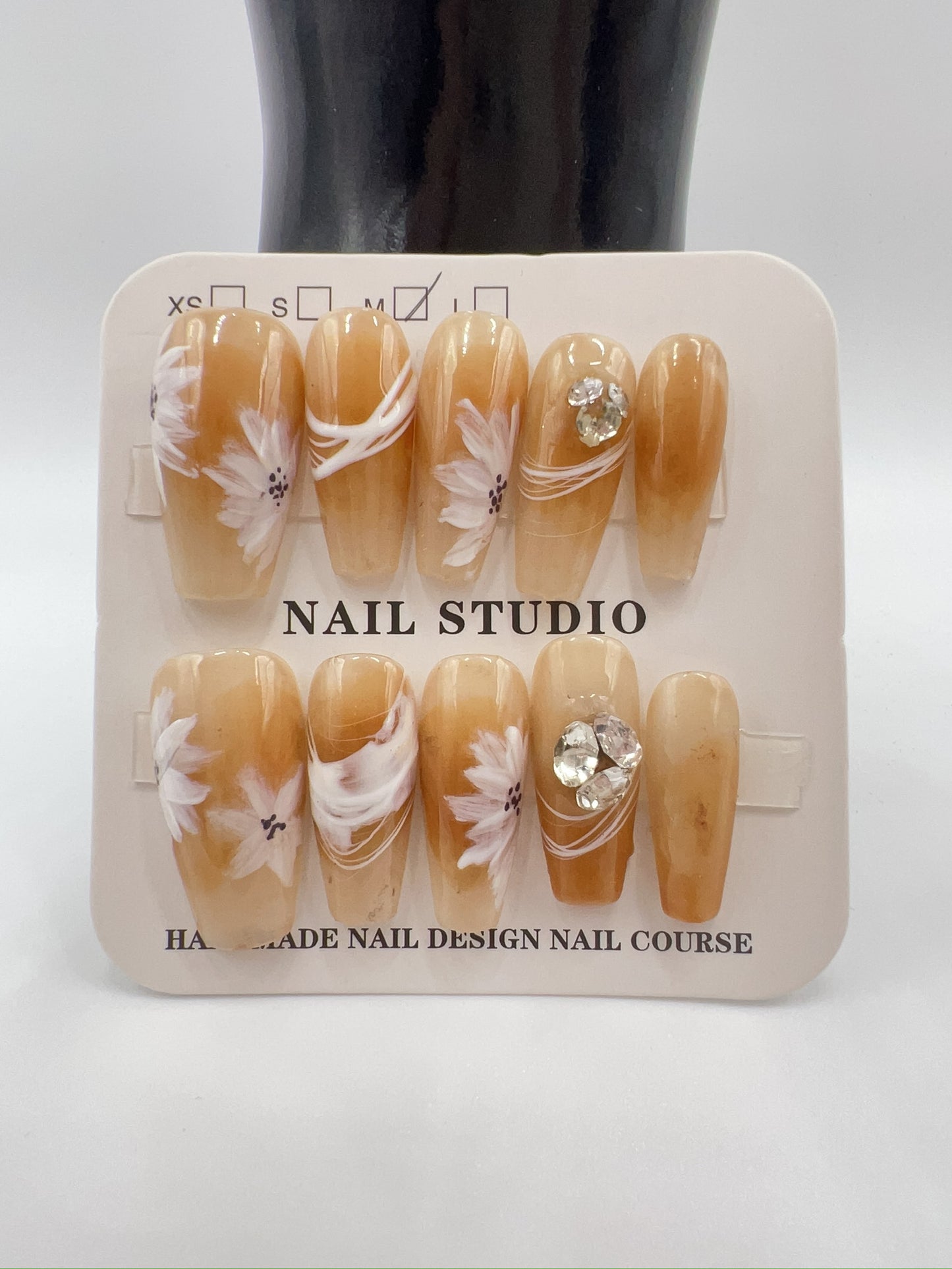 Medium Length Coffin Press On Nails with Rhinestone Charms – 10 Designs, Medium Size