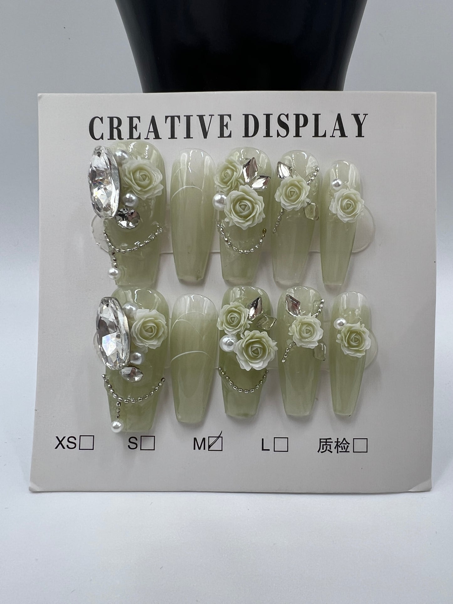 Long Coffin Press On Nails with Rhinestone Charms – 10 Designs, Medium Size