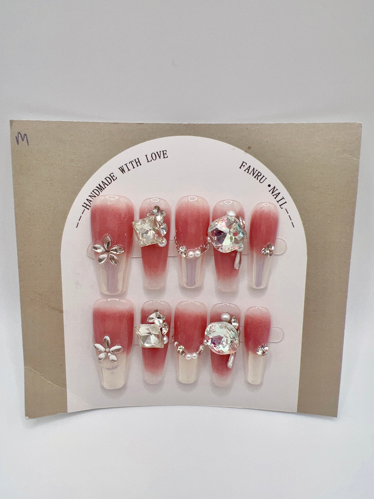 Long Coffin Pink Gradient Press On Nails with Rhinestone and Pearl