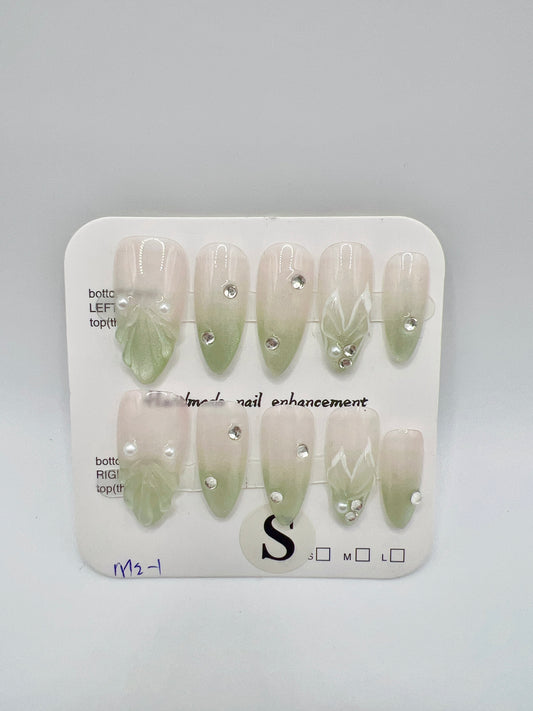 Green Gradient Almond Press On Nails with Mermaid Tail Style – Small Size