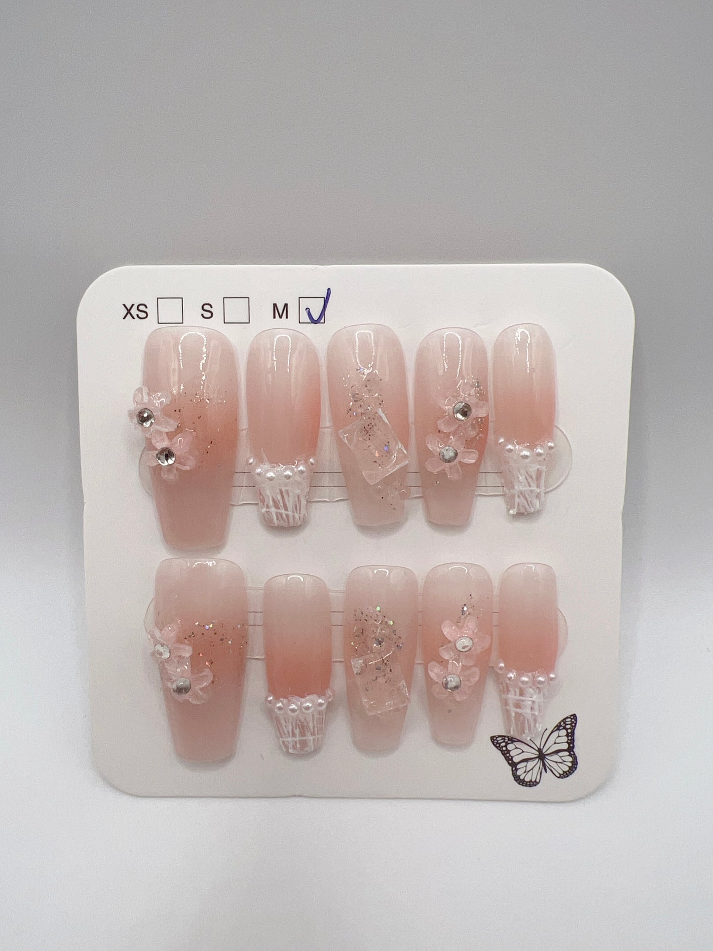 Long Coffin Press On Nails with Rhinestone and Flower Design
