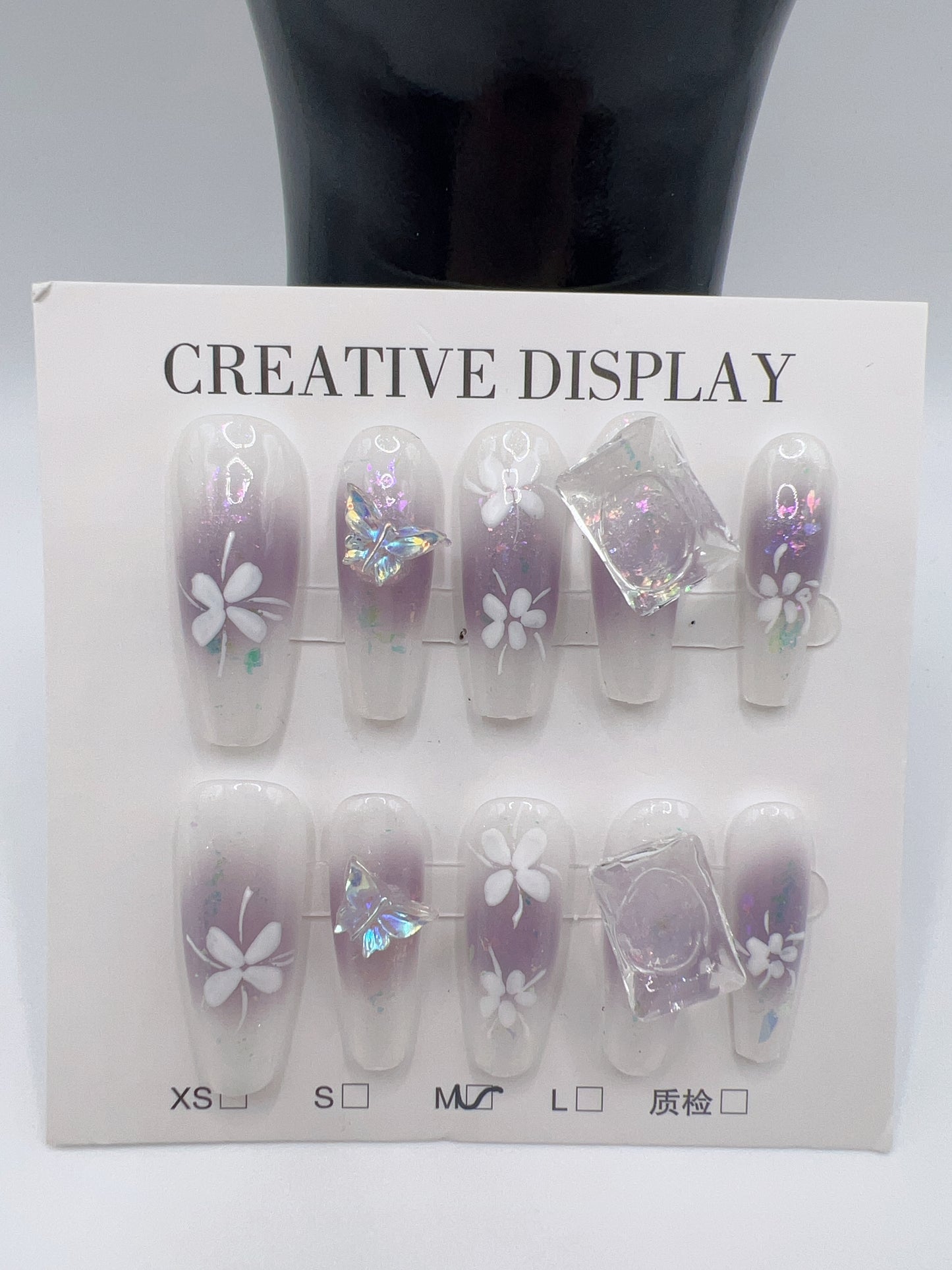 Long Coffin Press On Nails with Rhinestone Charms – 10 Designs, Medium Size