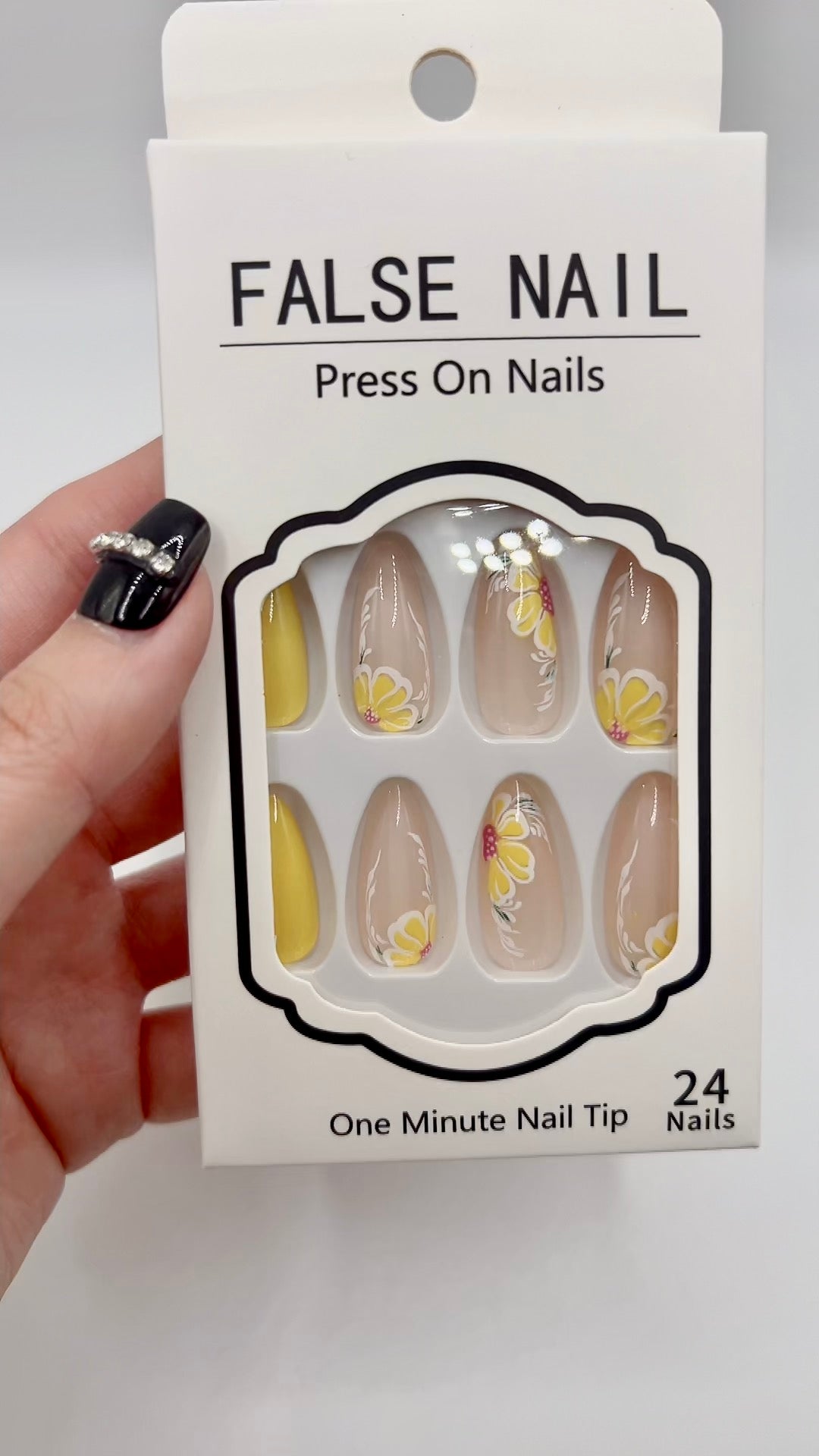 24pcs Almond Press On Nails with Flower Yellow 23–25mm Fit All Sizes