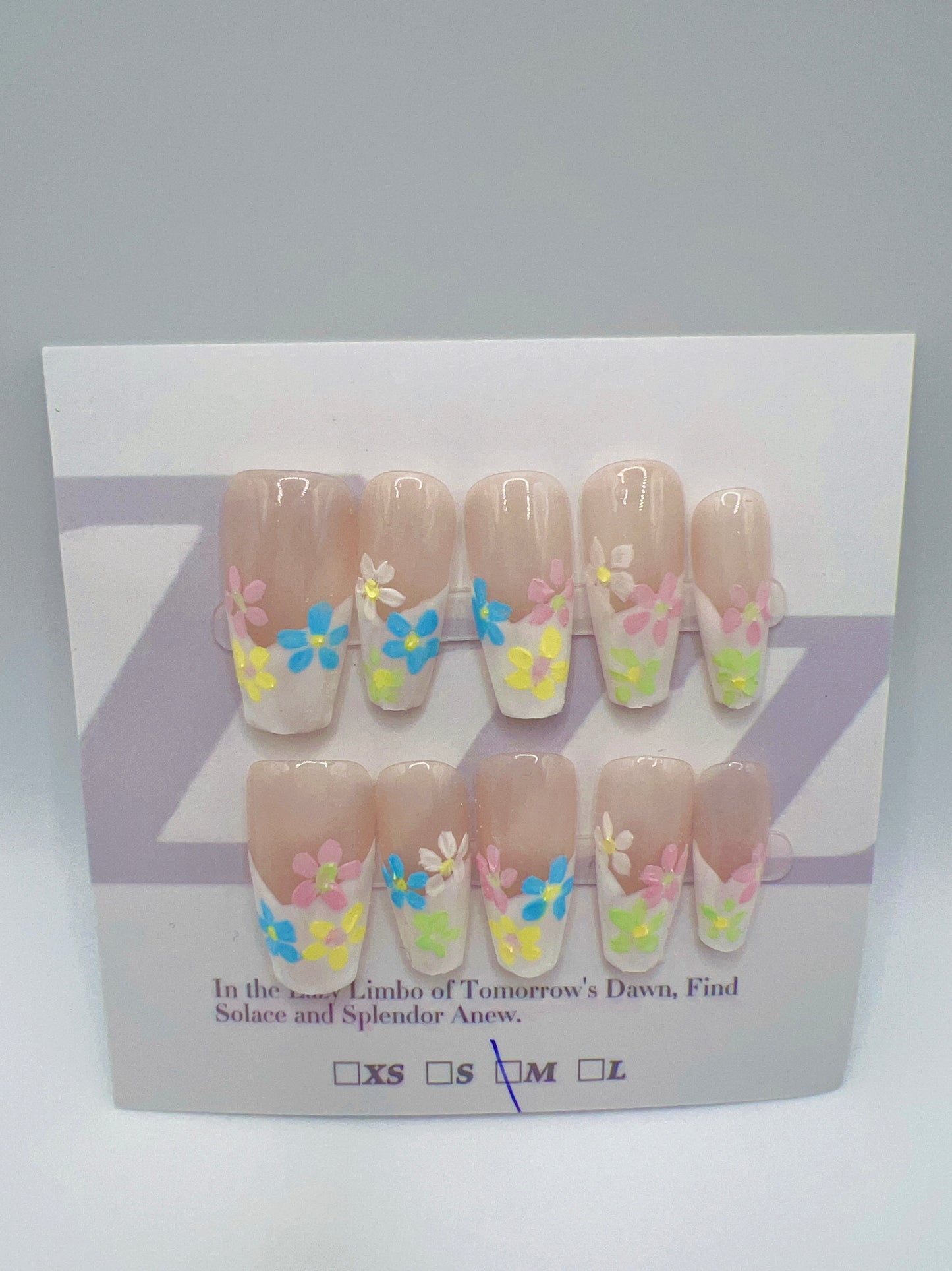 Medium Coffin French Tip Press On Nails with Painted Flower