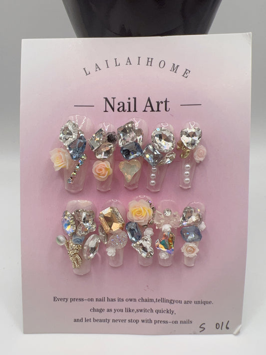 Long Coffin Press-On Nails with Heavy Rhinestones & 2D Flower Charms – 10 Designs, Small Size