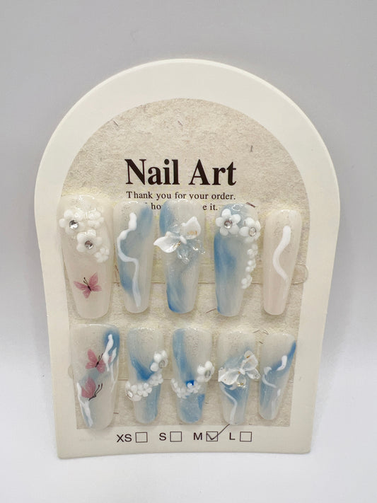 Blue Long Coffin Press On Nails with Flower & Butterfly Charms