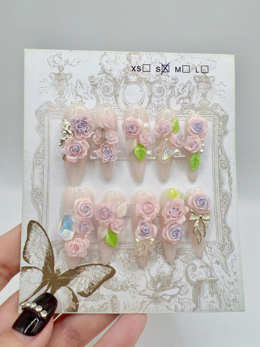 Long Stiletto Press On Nails with Rhinestone & 2D Flowers – Small Size