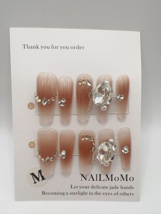 Long Coffin Press On Nails with Rhinestone – Medium Size