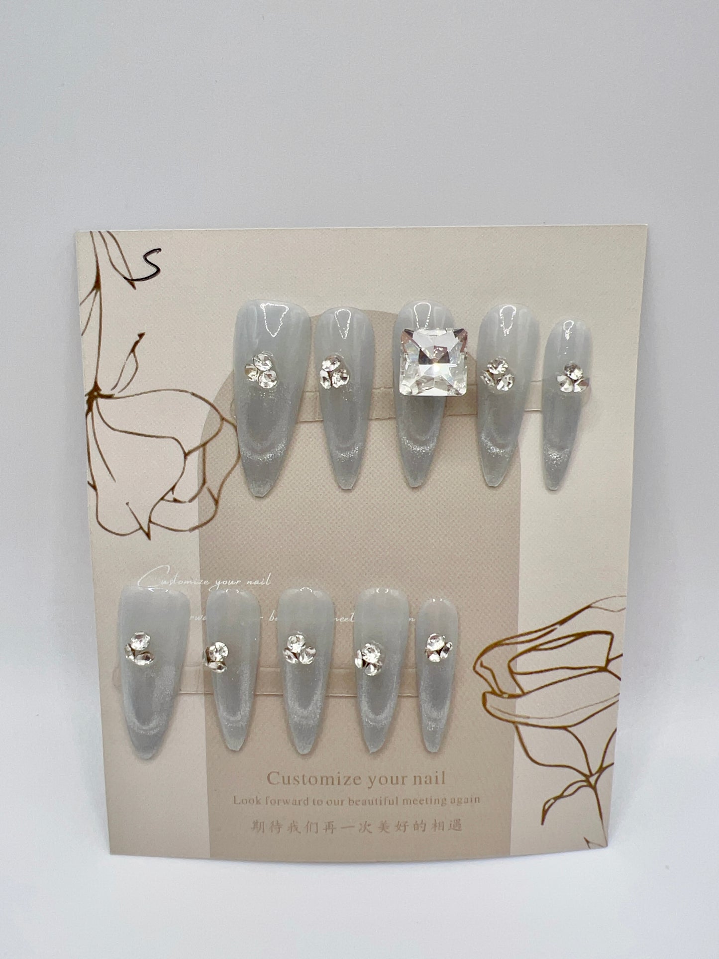 Long Stiletto Press On Nails with Rhinestone and Shimmer – Small Size