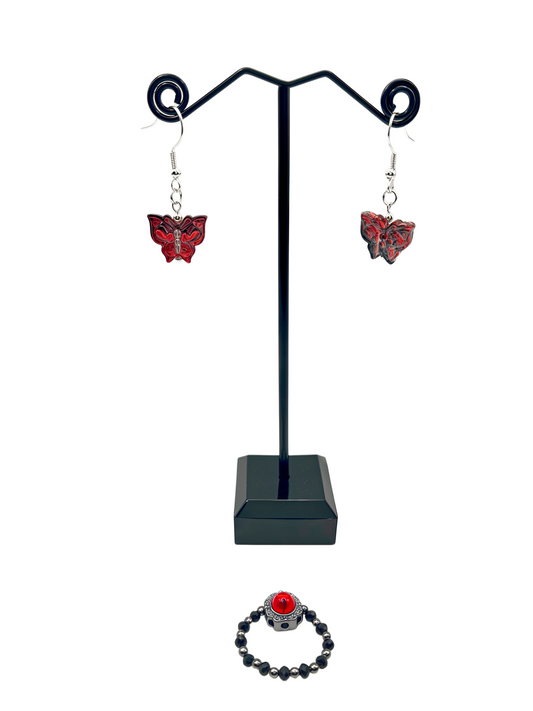 Red Butterfly Earrings with Vintage Gemstone Elastic Ring Set for Women – Beaded Silver Tone Jewelry