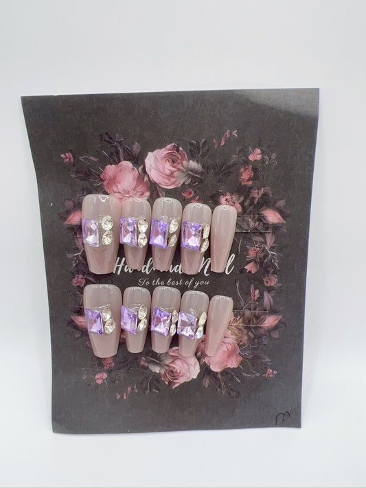 Medium Coffin Press-On Nails with Rhinestone – Elegant Medium Size