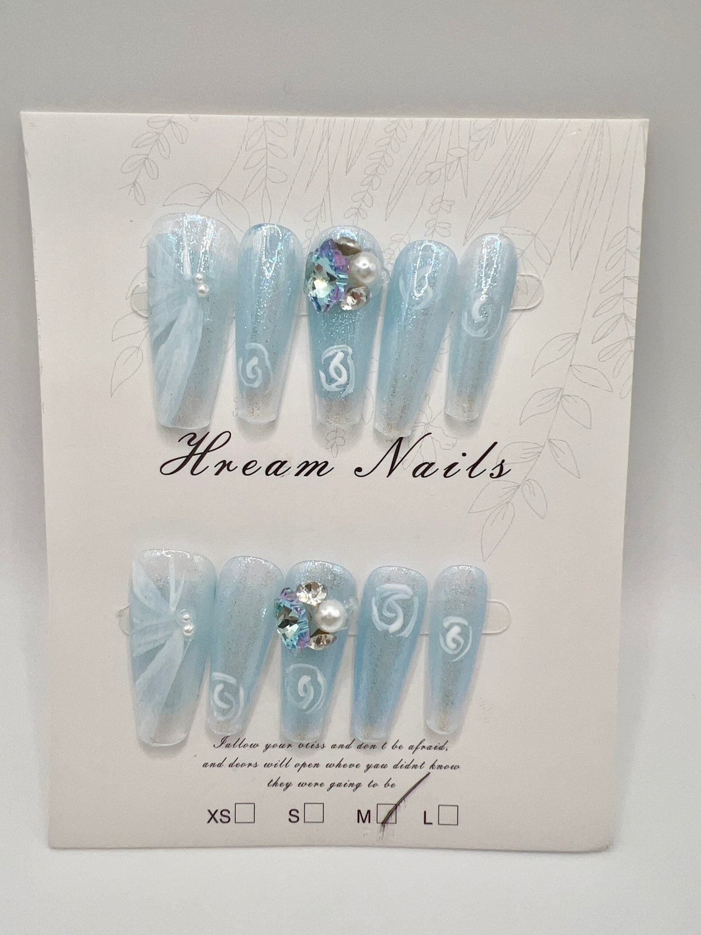 Blue Long Coffin Press On Nails with Rhinestone and Painted Flower